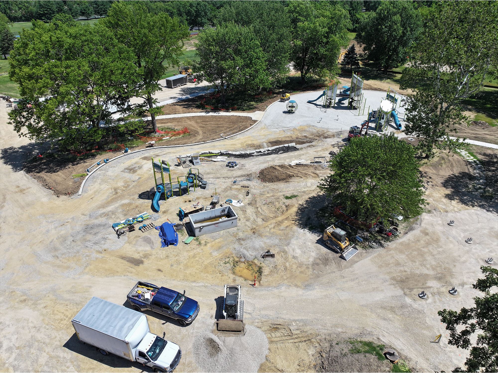 Aerial view of new playground equipment installation